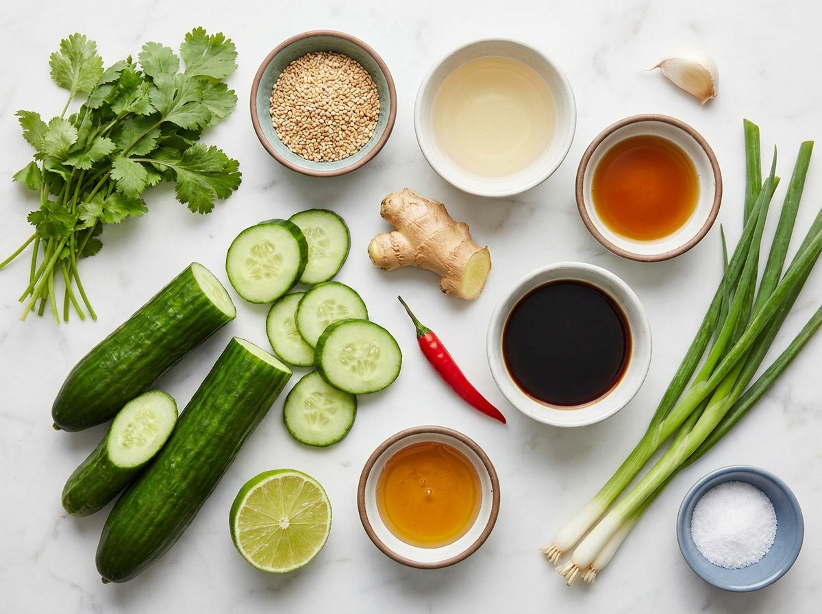 Ingredients for Asian cucumber salad with ginger, cilantro, sesame, and chili