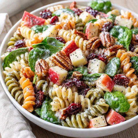 Autumn apple pasta salad with creamy poppyseed dressing in a white bowl