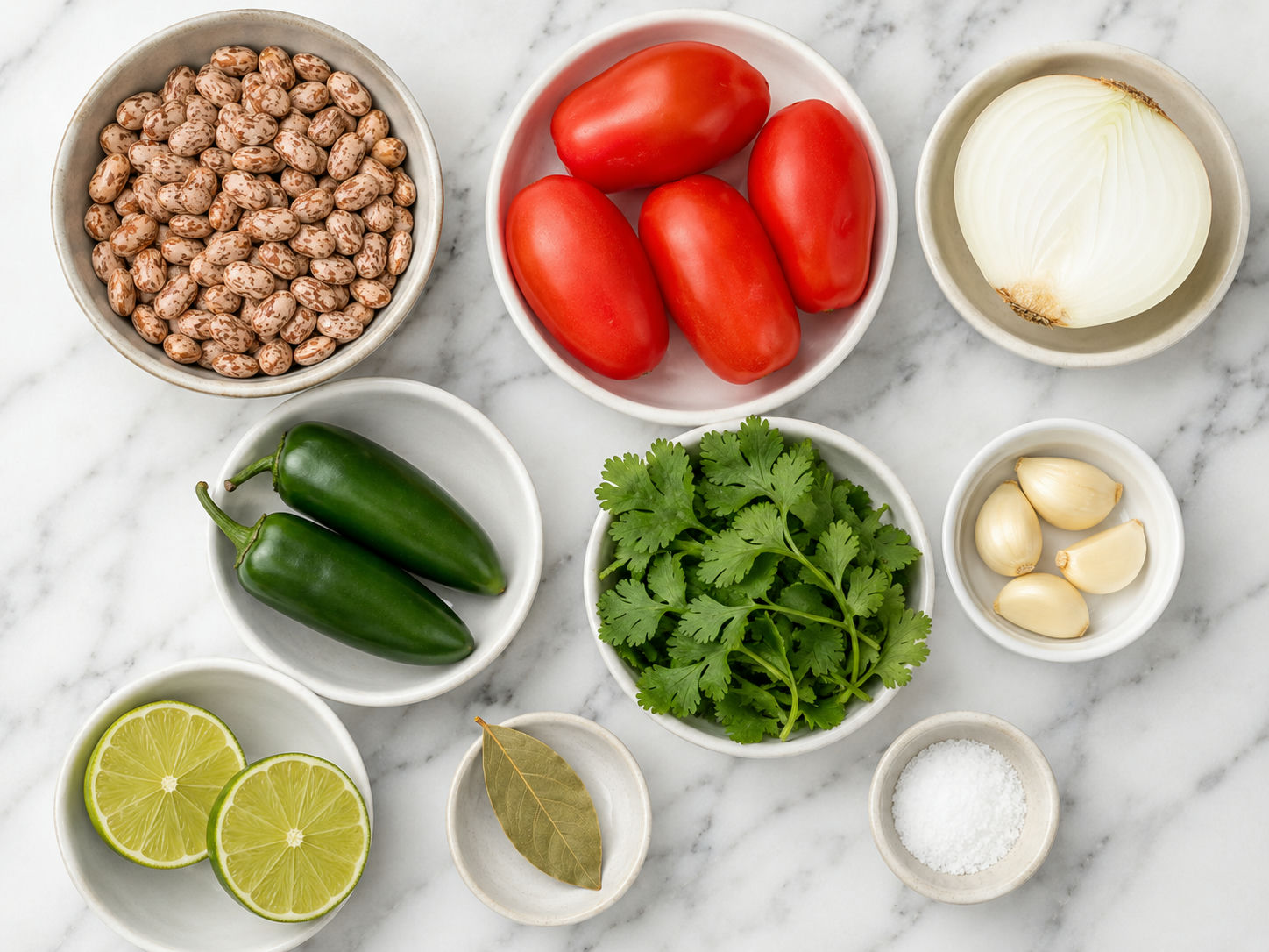 Raw ingredients for pinto beans and pico de gallo arranged on a wooden surface
