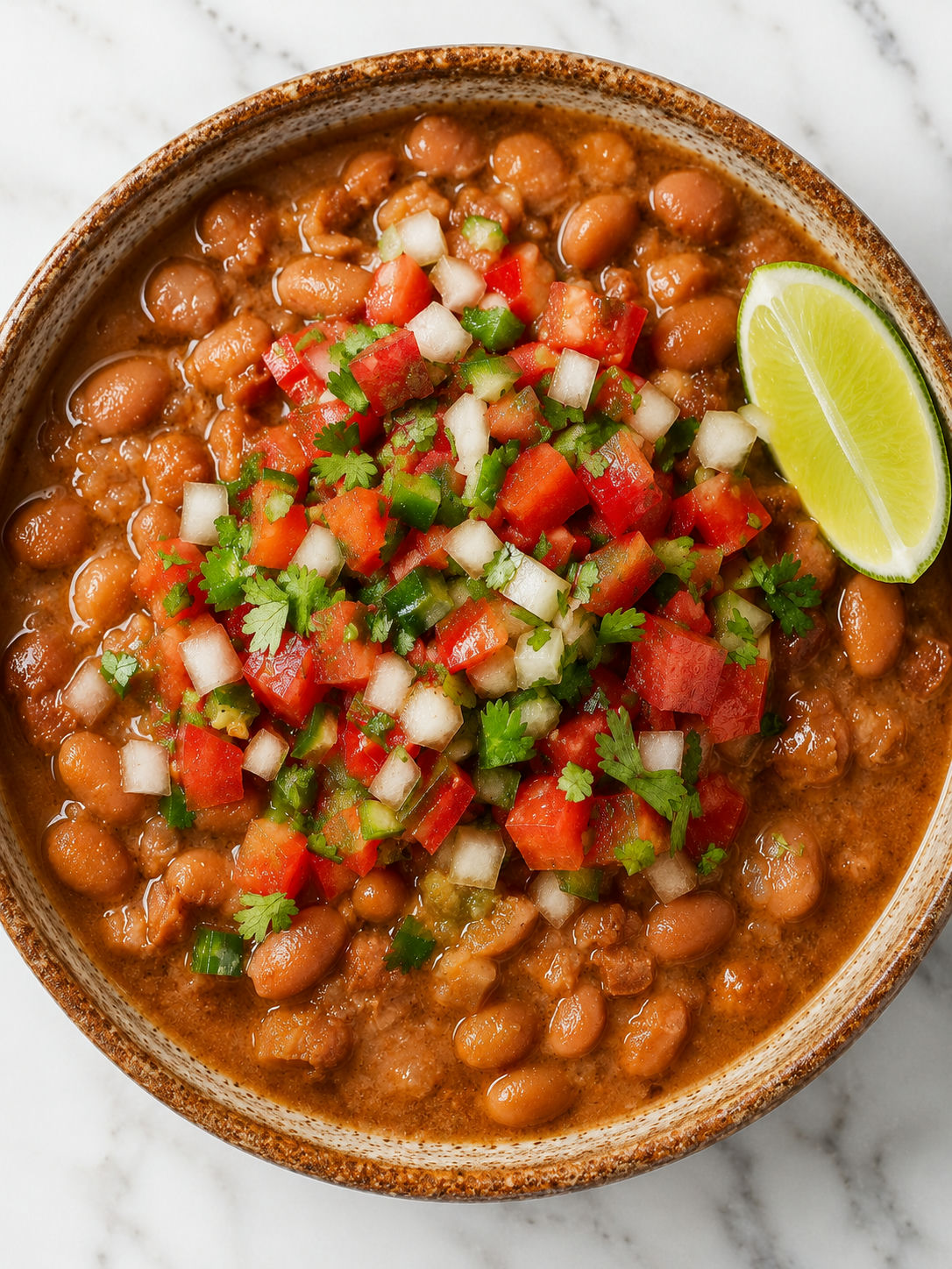 Top-down bowl of pinto beans in broth topped with fresh pico de gallo