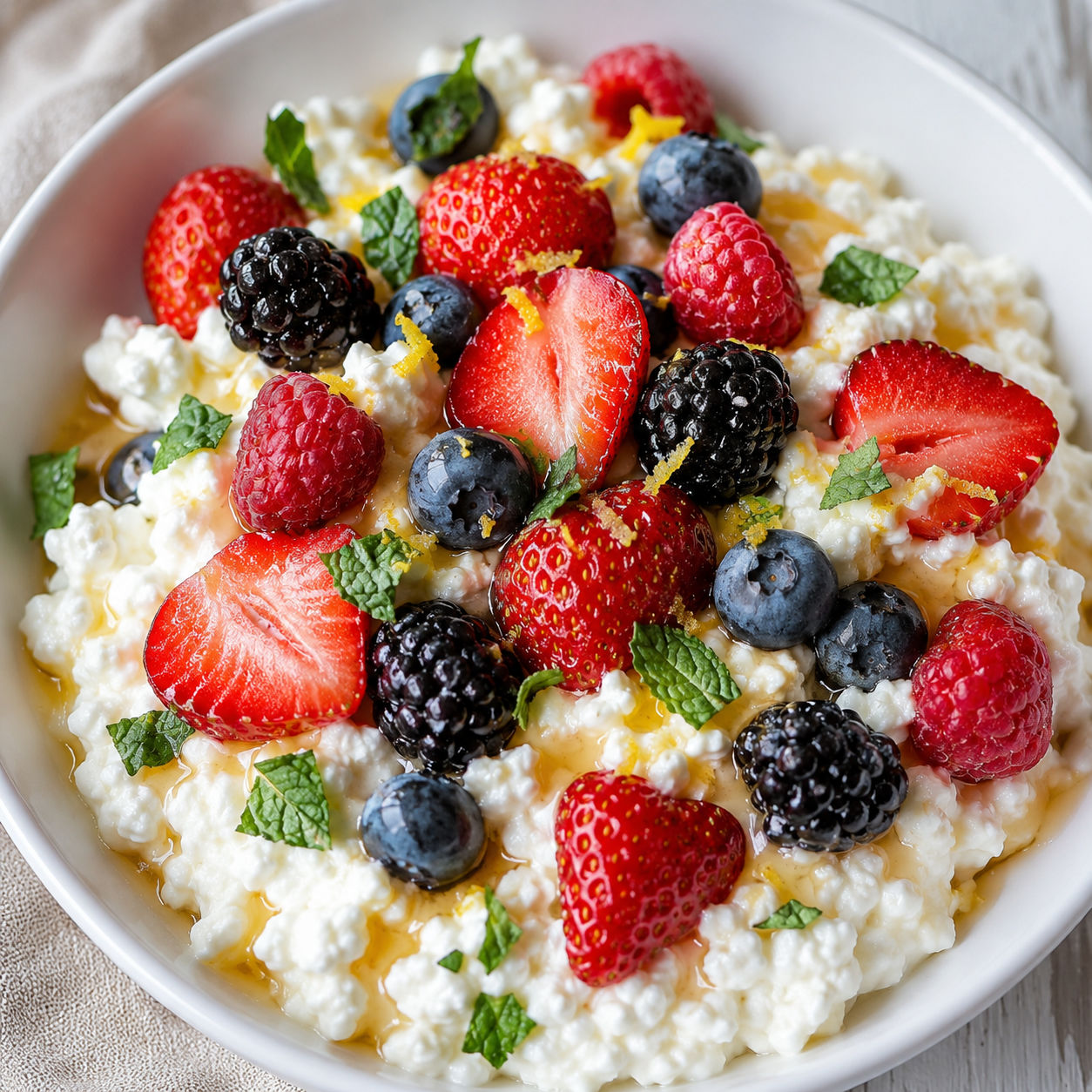 Fresh berry cottage cheese salad with honey and mint in a white bowl