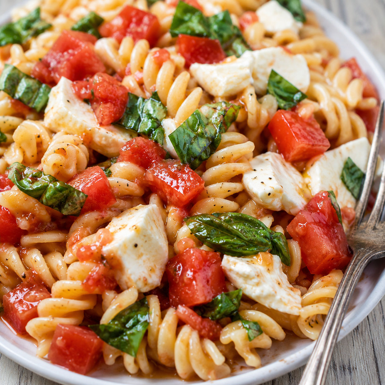 Caprese pasta with tomatoes, mozzarella, and basil in a shallow bowl