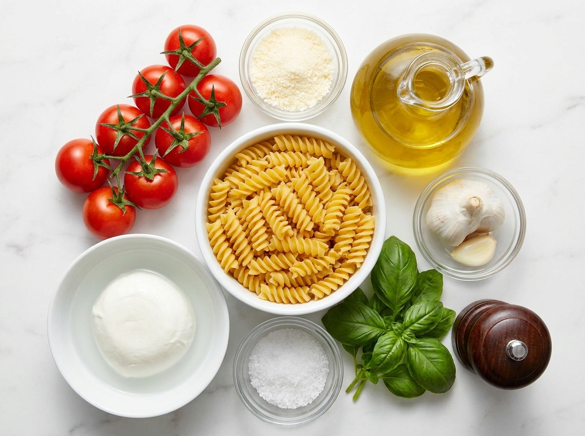 Raw ingredients for caprese pasta with tomatoes, mozzarella, and basil