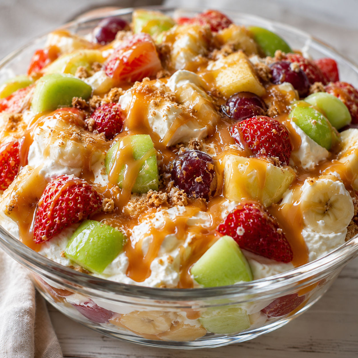 Cheesecake fruit salad with caramel, whipped cream, berries, apples, and grapes