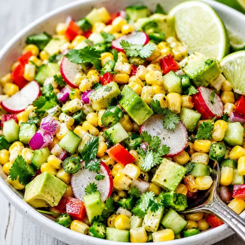 Fresh corn salad with cucumber, peppers, radishes, cilantro, and lime
