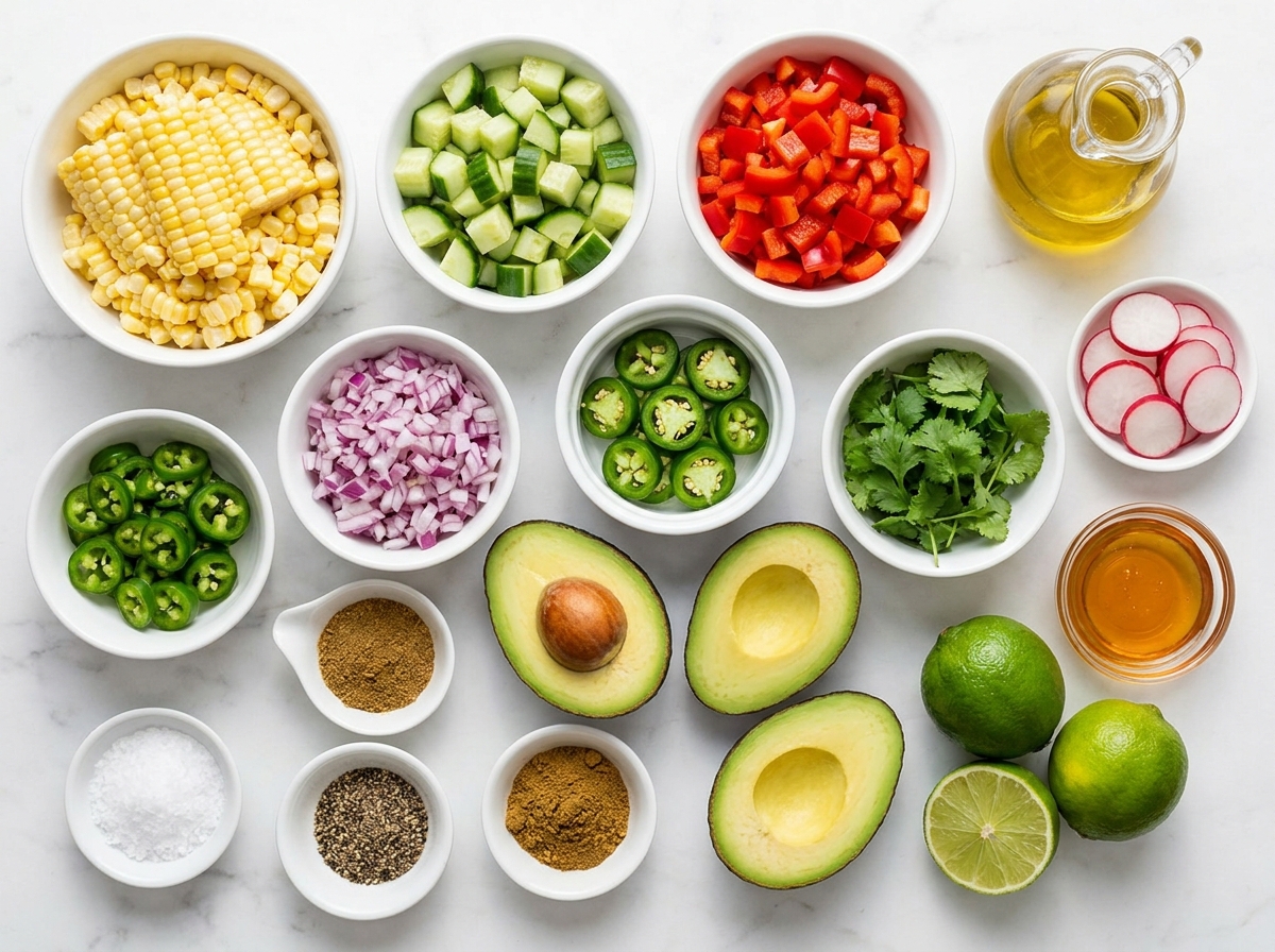 Fresh corn salad ingredients with corn, cucumber, peppers, herbs, avocado, and lime