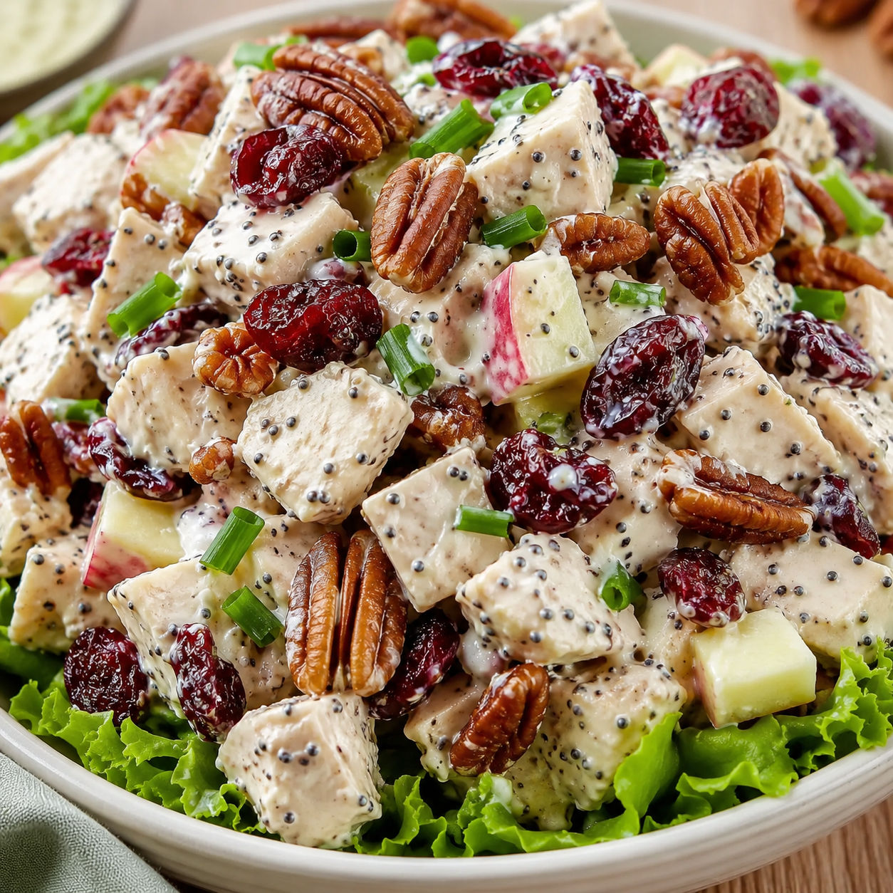 Cranberry pecan chicken salad with creamy poppy seed dressing in a white bowl
