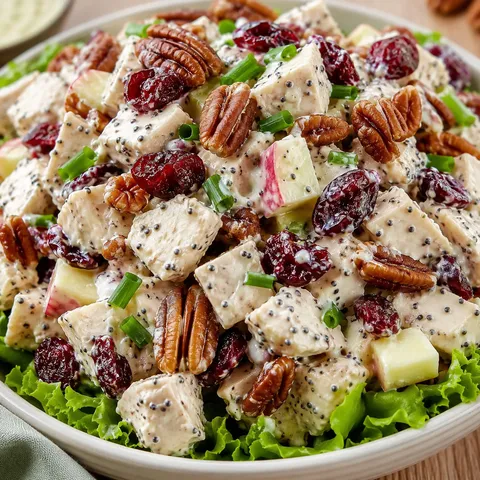 Cranberry pecan chicken salad with creamy poppy seed dressing in a white bowl