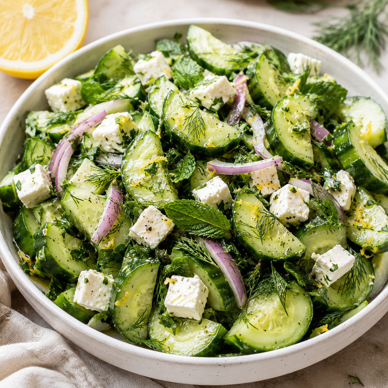 Cucumber feta salad with fresh herbs and lemon in a white bowl