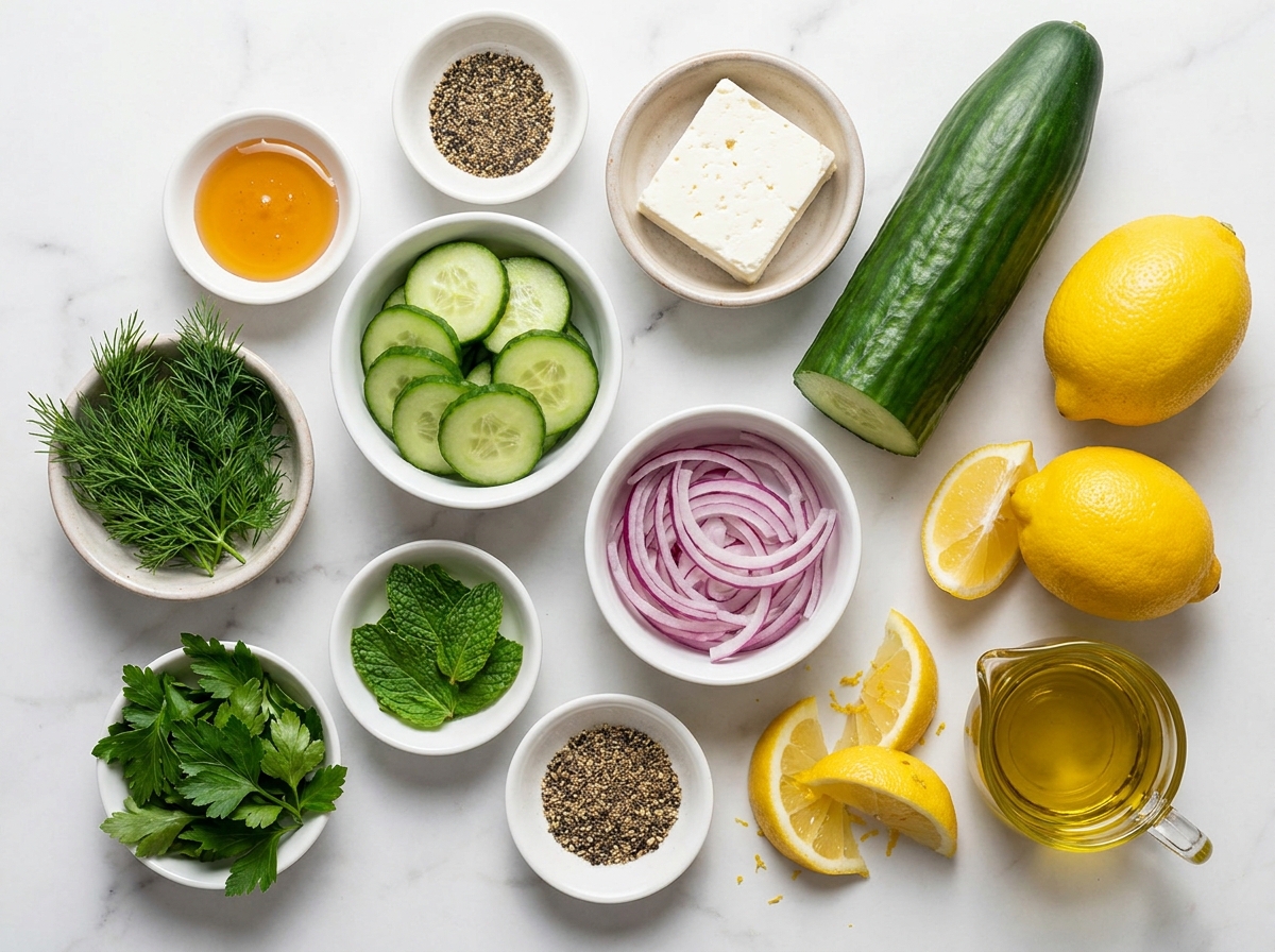 Cucumbers, feta, herbs, lemon, and olive oil for cucumber feta salad