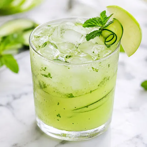 Fresh cucumber and apple blend with mint and ice in a clear glass