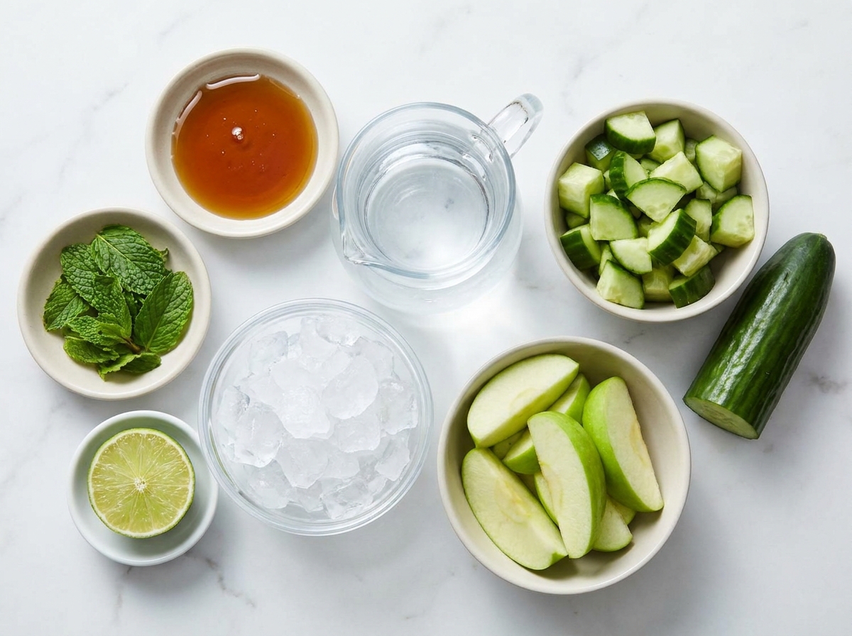 Cucumber, green apple, lime, mint, ice, and water for a fresh blend