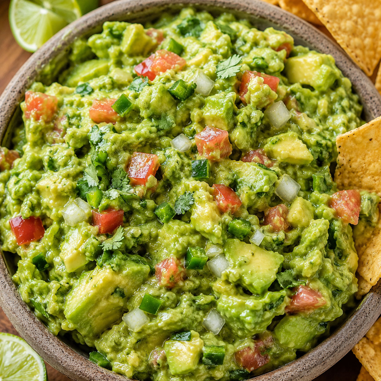 Fresh guacamole with cilantro, lime, tomato, and tortilla chips