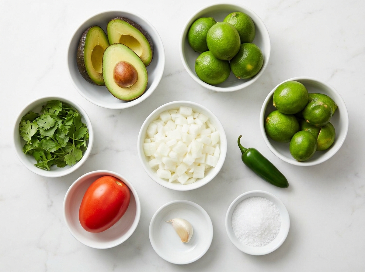 Avocados, limes, cilantro, jalapeno, tomato, onion, and chips
