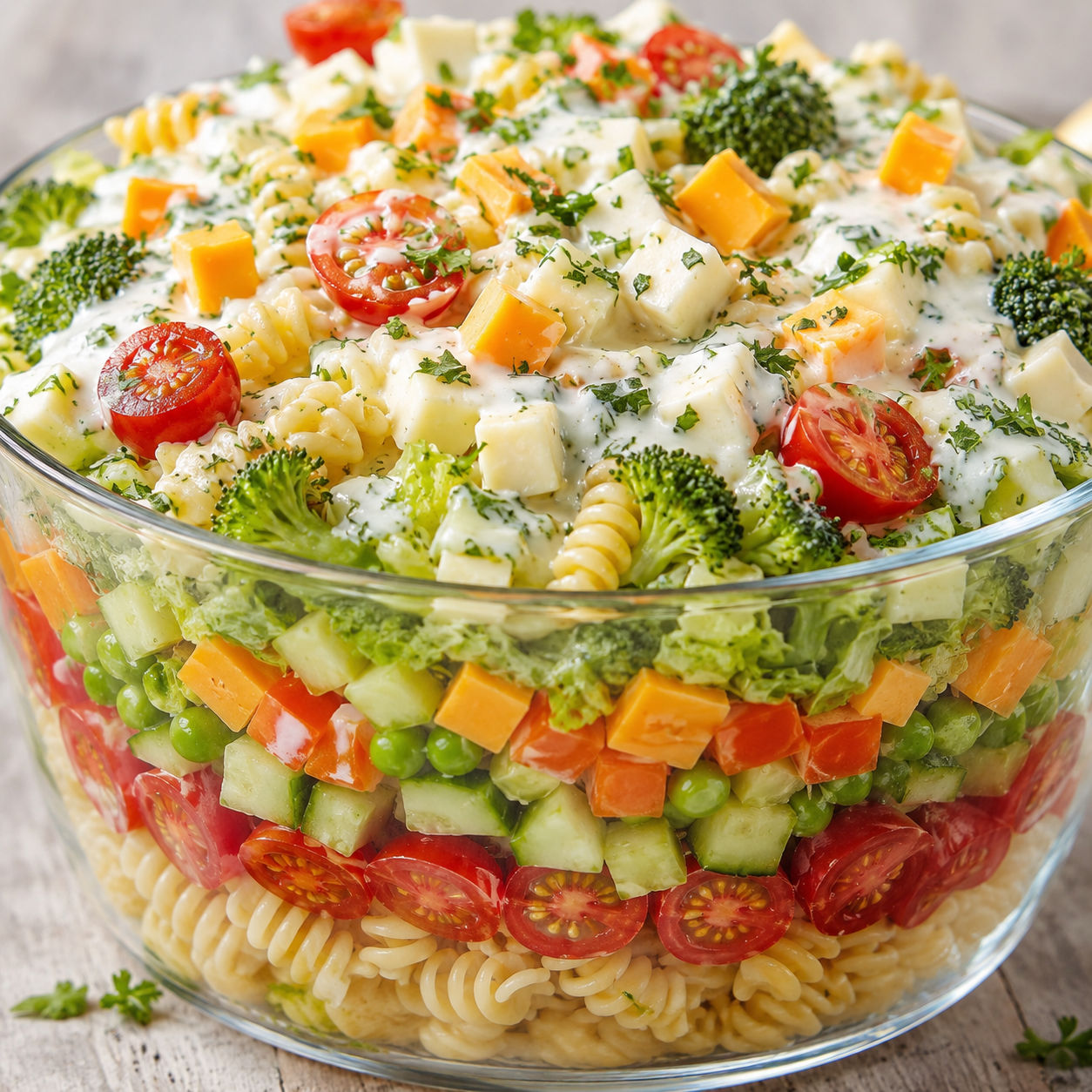 Layered pasta salad with vegetables, cheddar, mozzarella, and creamy dressing