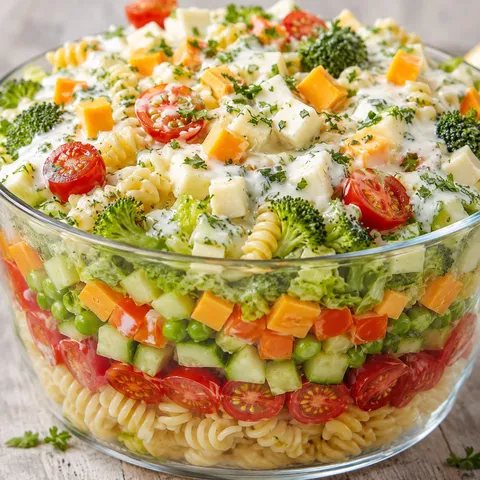 Layered pasta salad with vegetables, cheddar, mozzarella, and creamy dressing