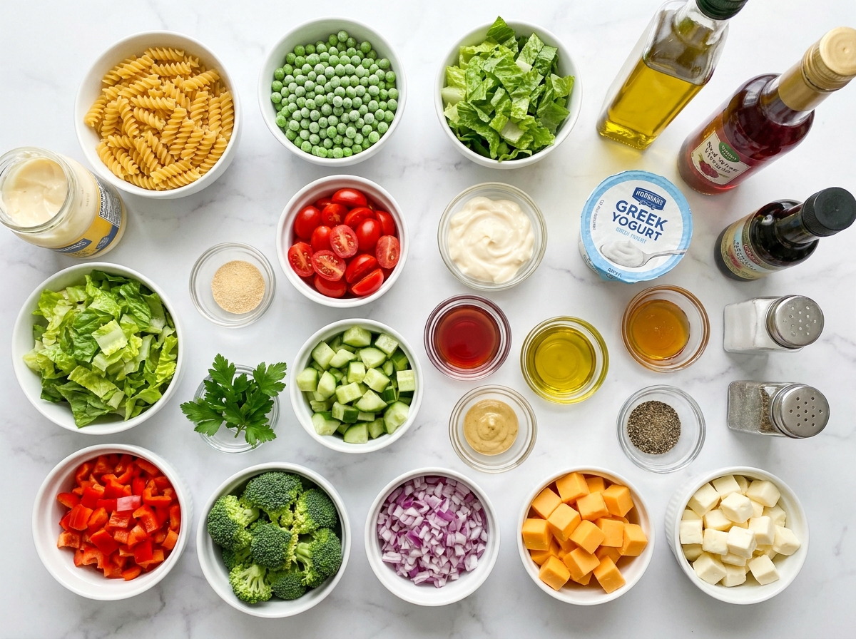 Ingredients for layered pasta salad with vegetables and cheese on a wood surface
