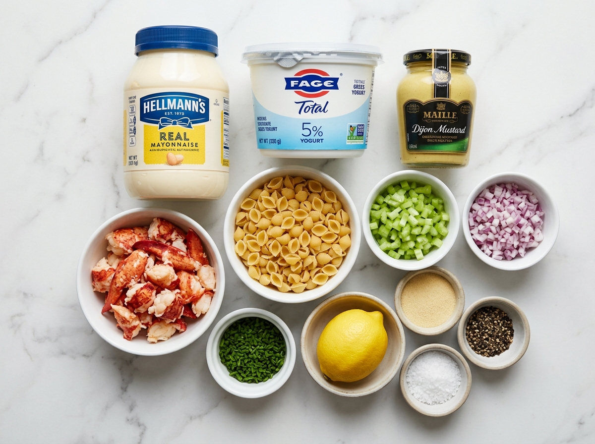 Raw ingredients for lobster roll pasta salad on a wooden surface