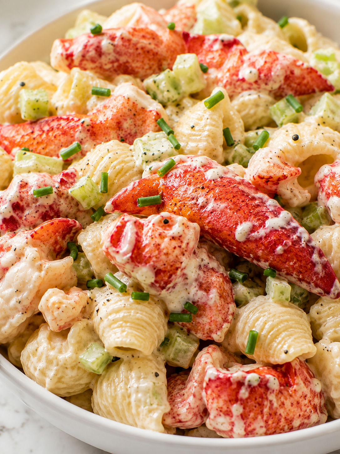 Fresh Lobster Roll Pasta Salad, plated and served
