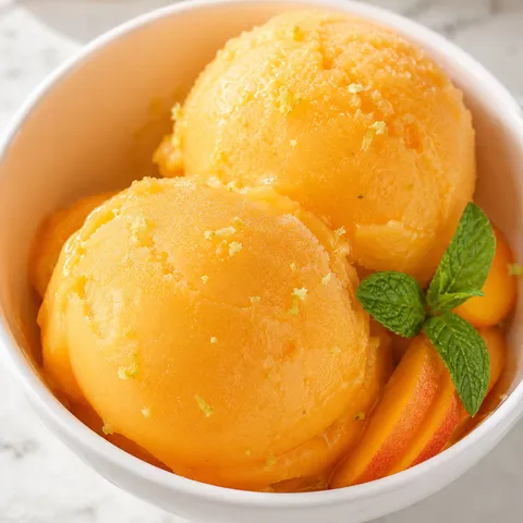 Peach sorbet scoops in a white bowl with mint and peach slices
