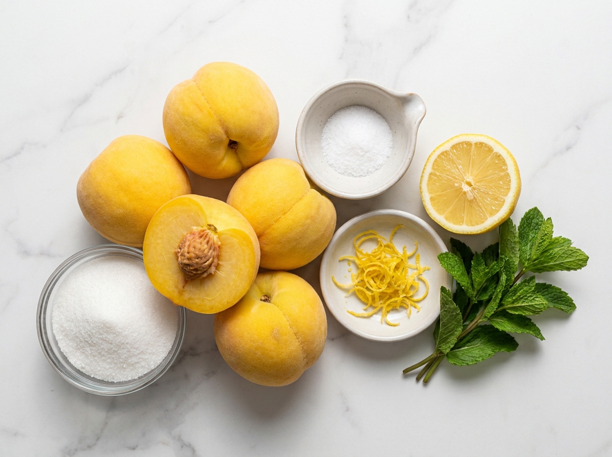 Fresh peaches, sugar, lemon, salt, and mint for peach sorbet
