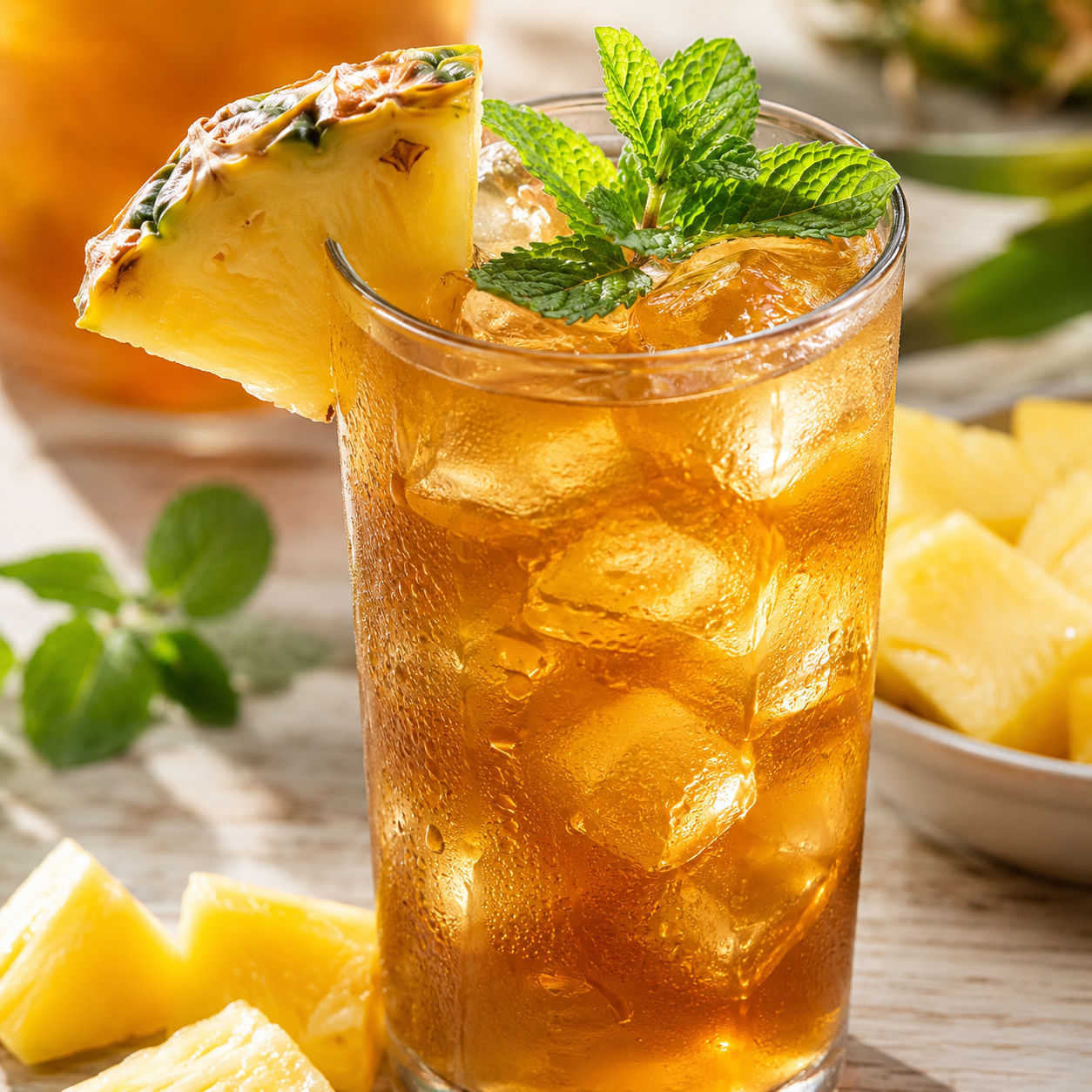 Fresh pineapple iced tea with mint and pineapple wedge over ice