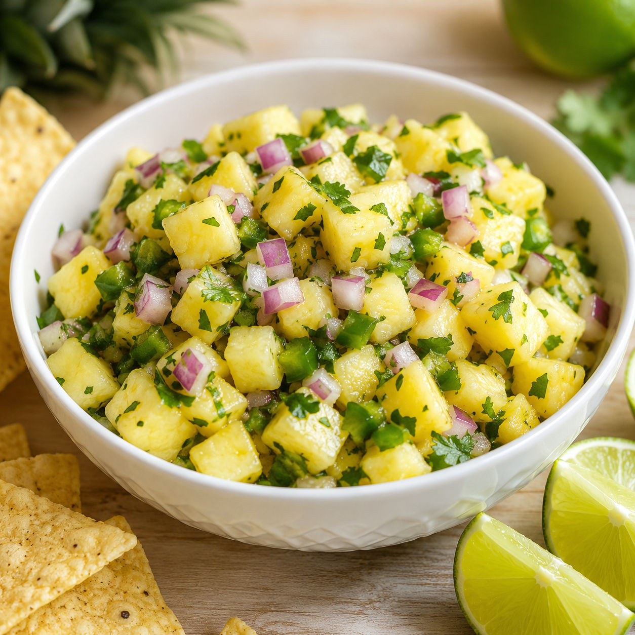 Fresh pineapple salsa with cilantro, jalapeno, red onion, and lime