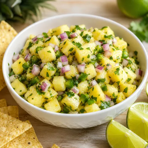 Fresh pineapple salsa with cilantro, jalapeno, red onion, and lime