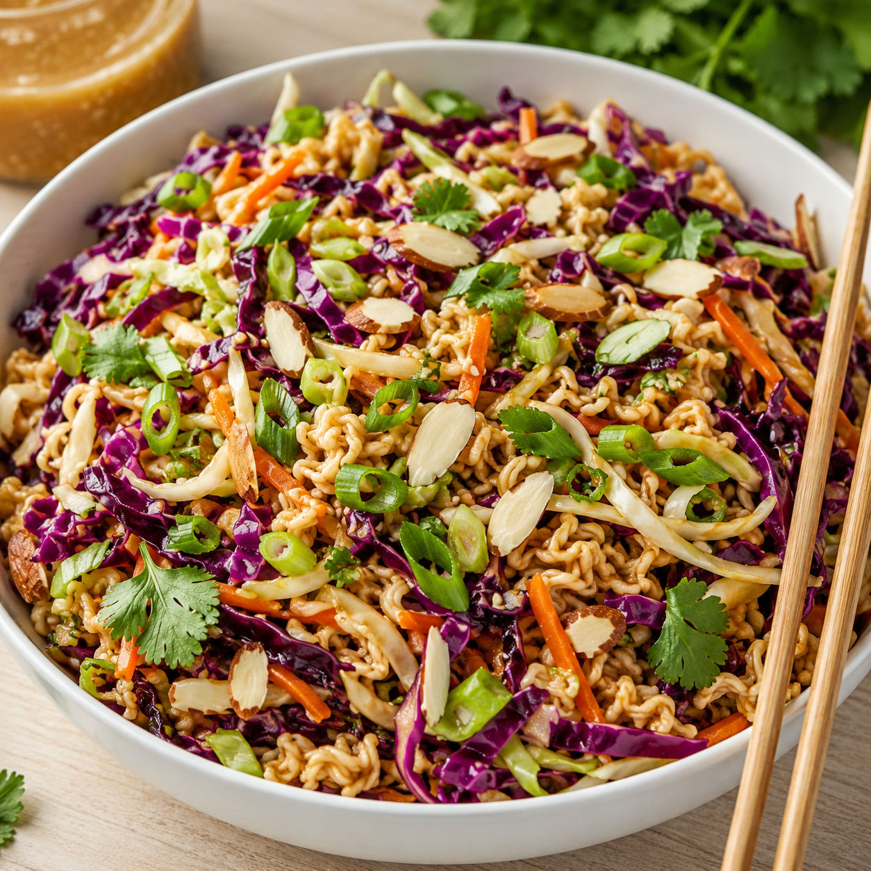Ramen noodle salad with cabbage, carrots, green onions, and toasted almonds