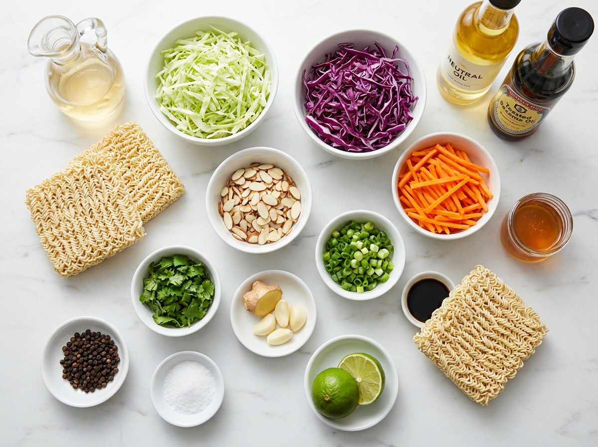 Ingredients for ramen noodle salad with cabbage, carrots, almonds, and sesame dressing