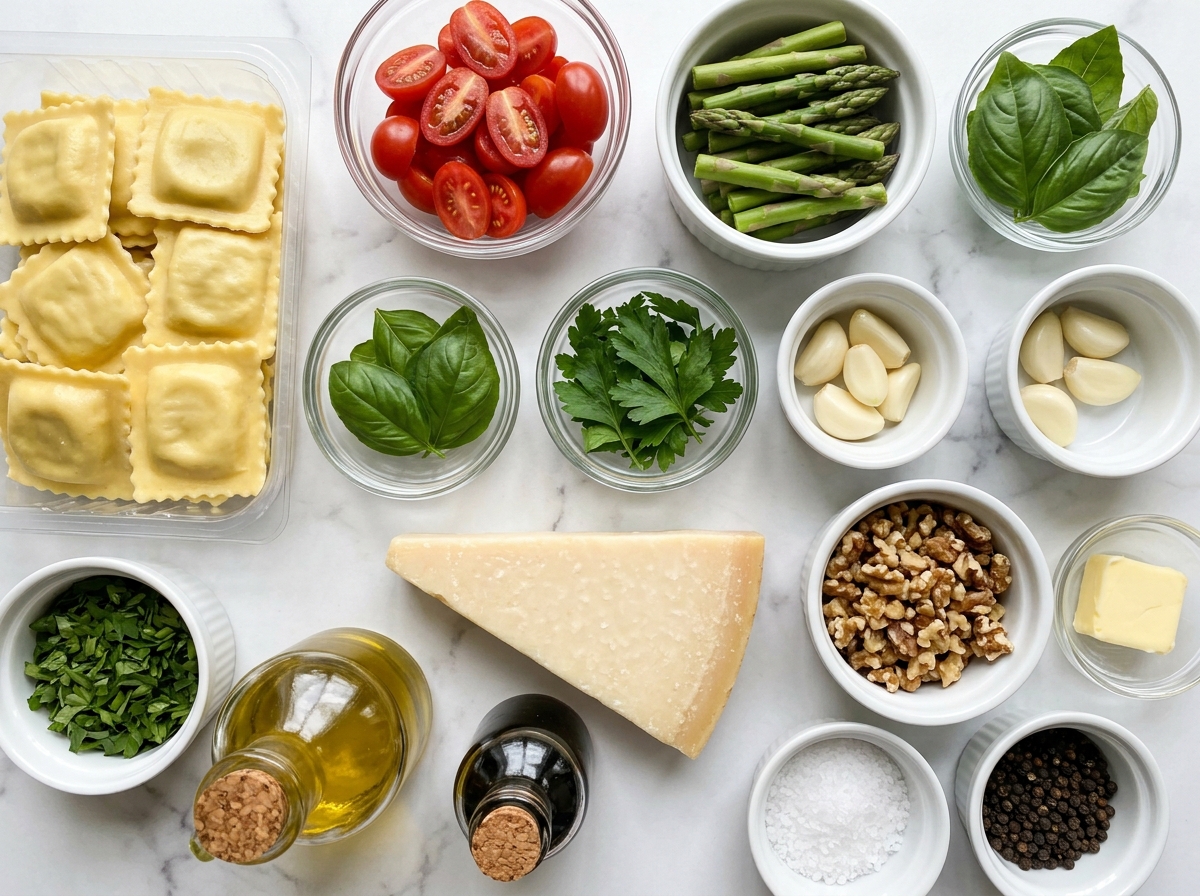 Ingredients for ravioli with asparagus, tomatoes, garlic, herbs, and walnuts