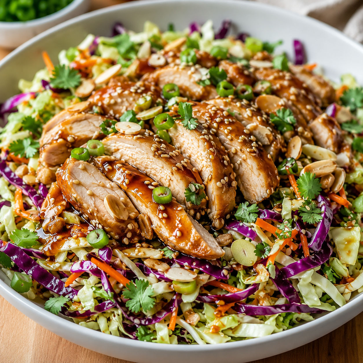 Sesame chicken cabbage crunch salad with almonds and cilantro in a white bowl