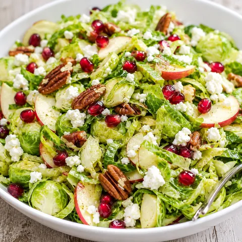 Shaved Brussels sprouts salad with apple, feta, pecans, and pomegranate