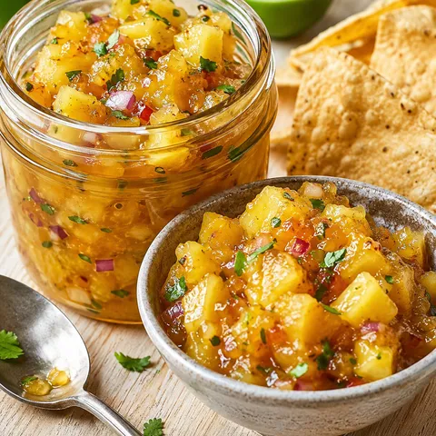 Golden pineapple jalapeño chutney in a glass jar with chips and cilantro