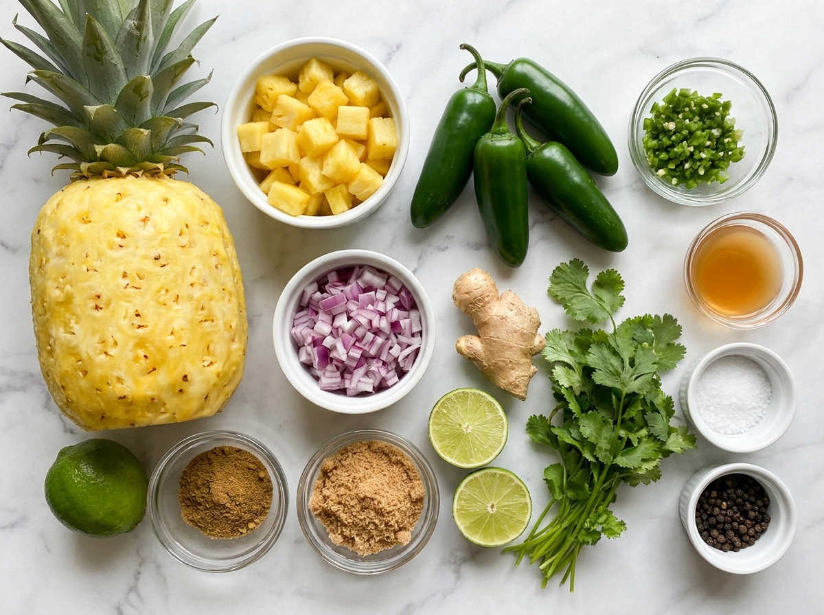 Fresh pineapple, jalapeños, lime, ginger, onion, and spices for chutney