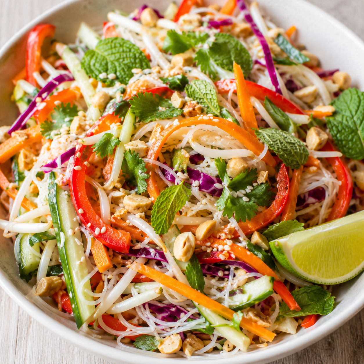 Spring roll salad with rice noodles, crisp vegetables, herbs, and peanuts