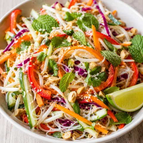 Spring roll salad with rice noodles, crisp vegetables, herbs, and peanuts