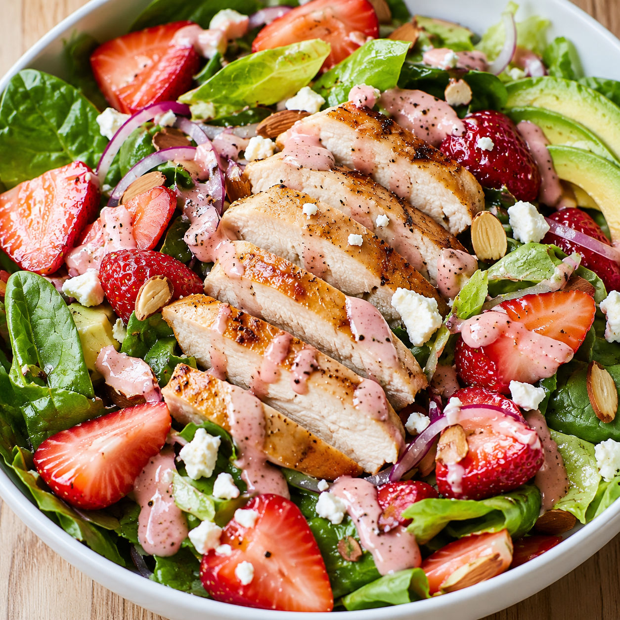 Strawberry chicken salad with feta, almonds, avocado, and balsamic dressing
