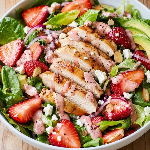 Strawberry chicken salad with feta, almonds, avocado, and balsamic dressing