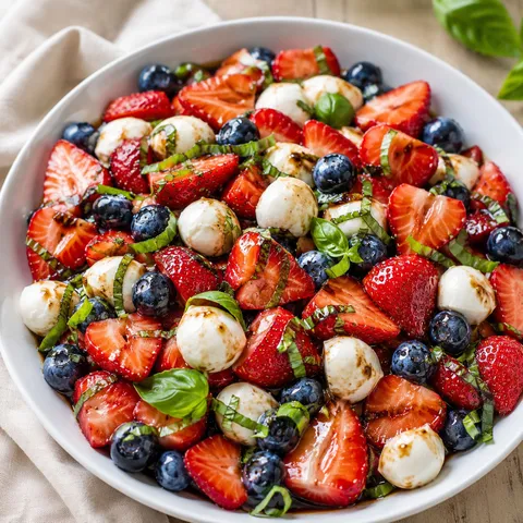 Strawberry caprese salad with mozzarella pearls, blueberries, basil, and honey vinaigrette
