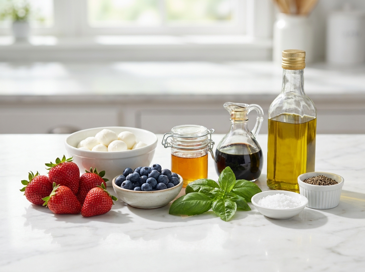 Ingredients for strawberry caprese salad with mozzarella, berries, basil, honey, and balsamic