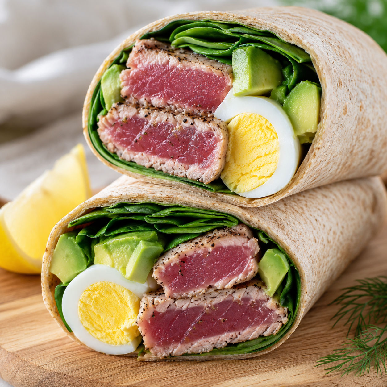 Fresh tuna avocado egg wrap with spinach and sliced egg on a wooden board