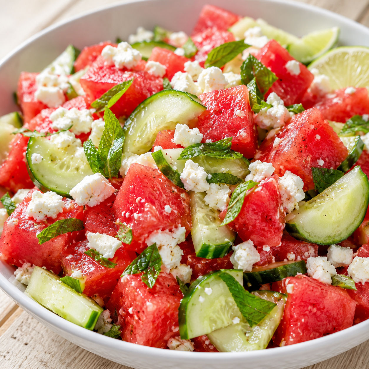 Watermelon feta cucumber salad with mint and lime in a white bowl