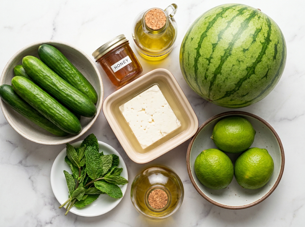 Raw ingredients for watermelon feta cucumber salad on a wooden board