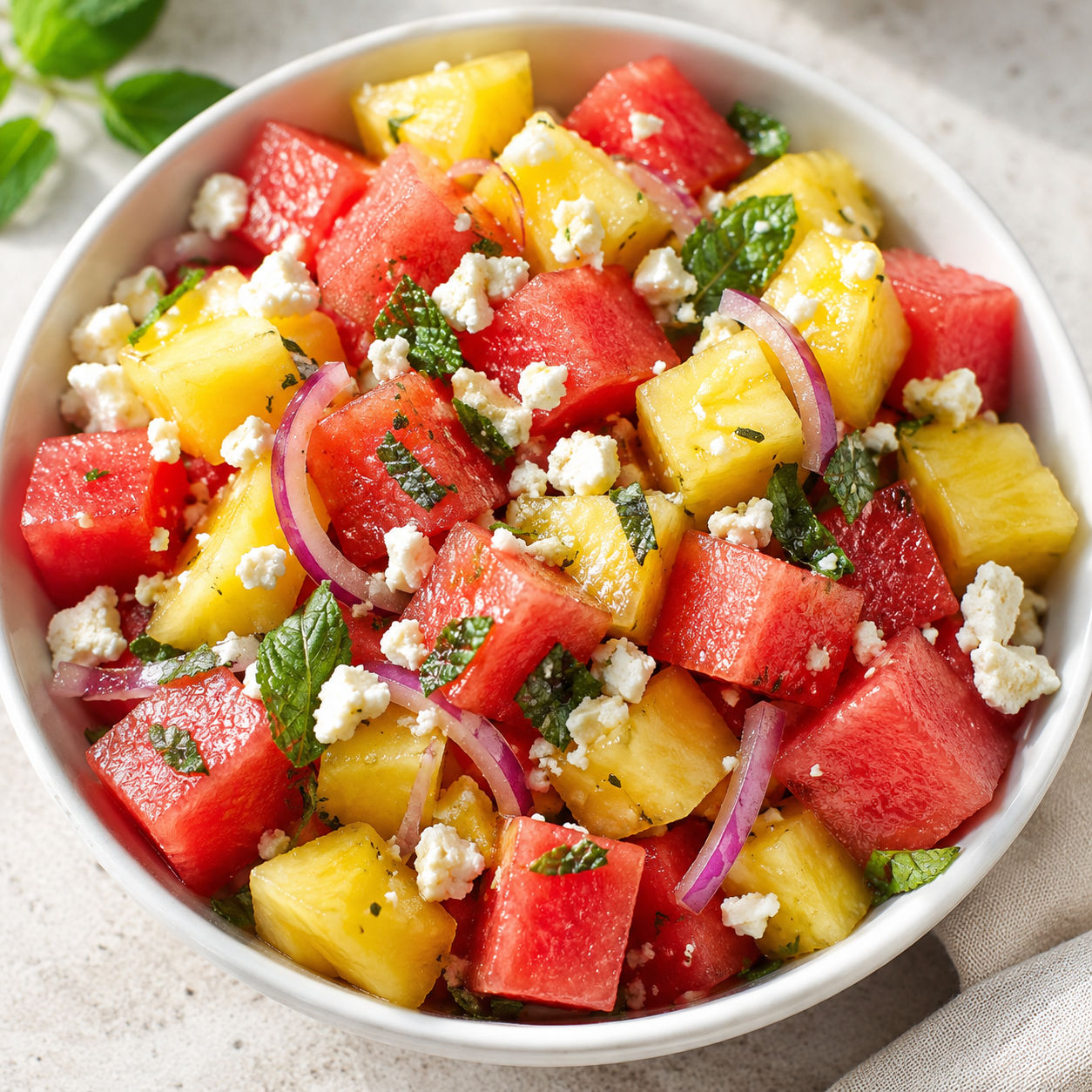 Watermelon pineapple salad with feta, mint, and lime in a white bowl