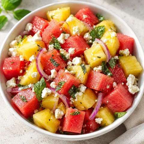 Watermelon pineapple salad with feta, mint, and lime in a white bowl