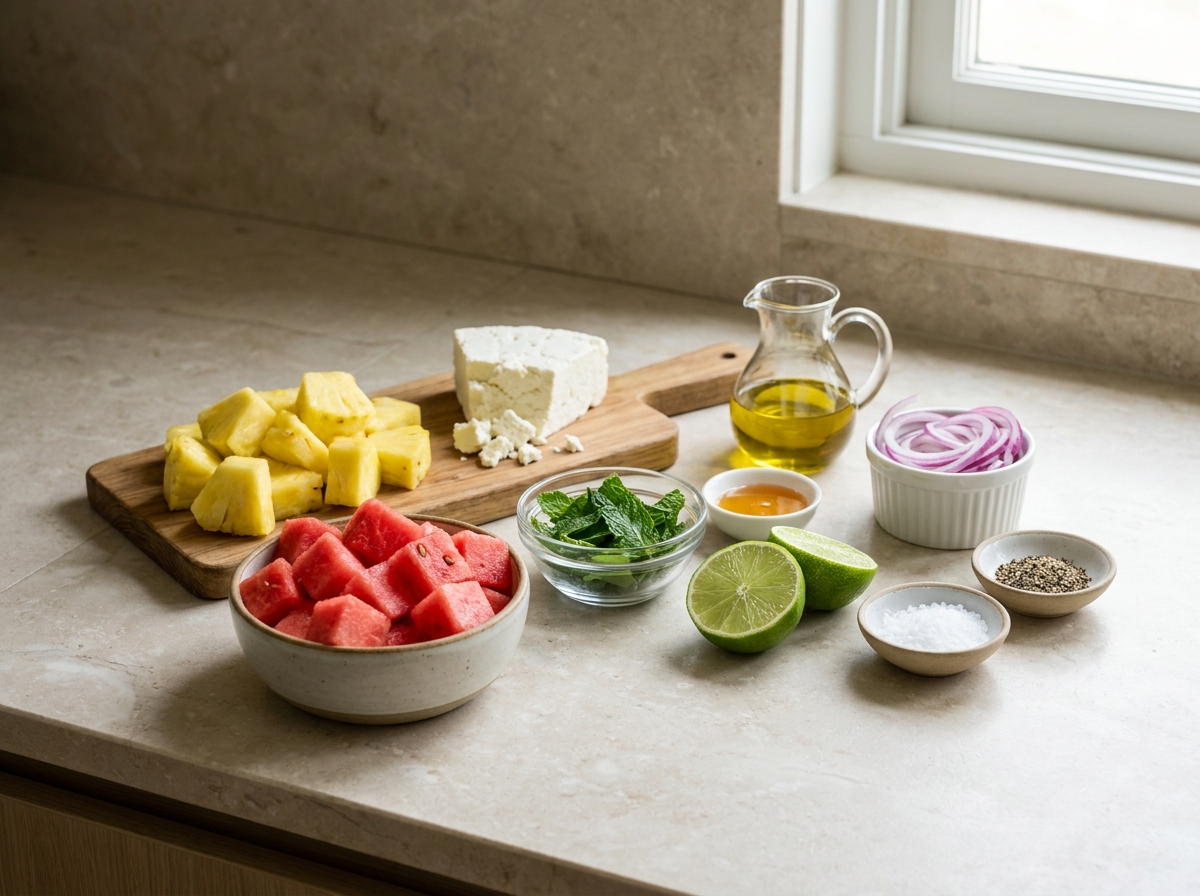 Ingredients for watermelon pineapple salad with feta, mint, lime, and honey