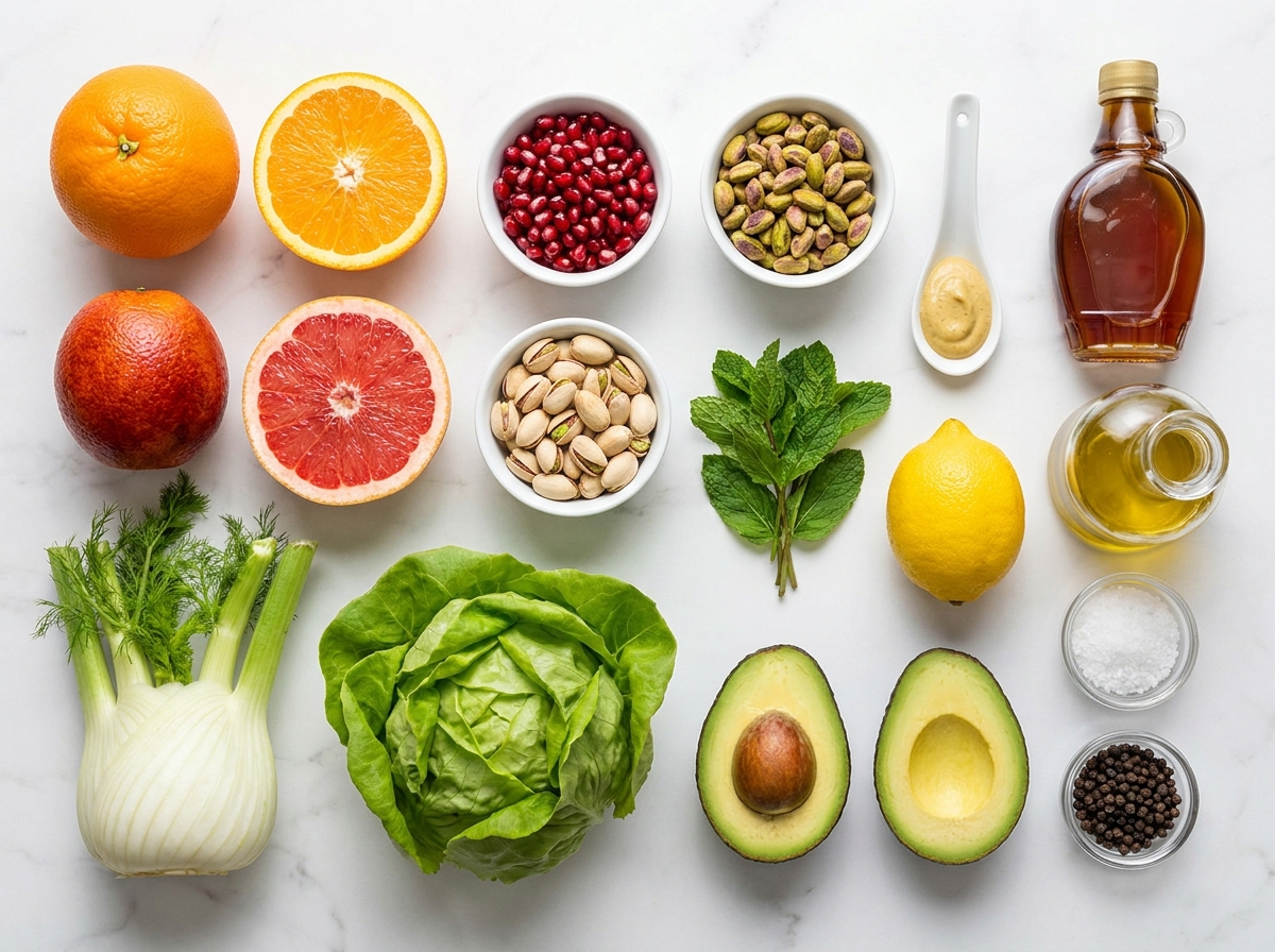 Winter citrus salad ingredients with fennel, avocado, mint, and pistachios