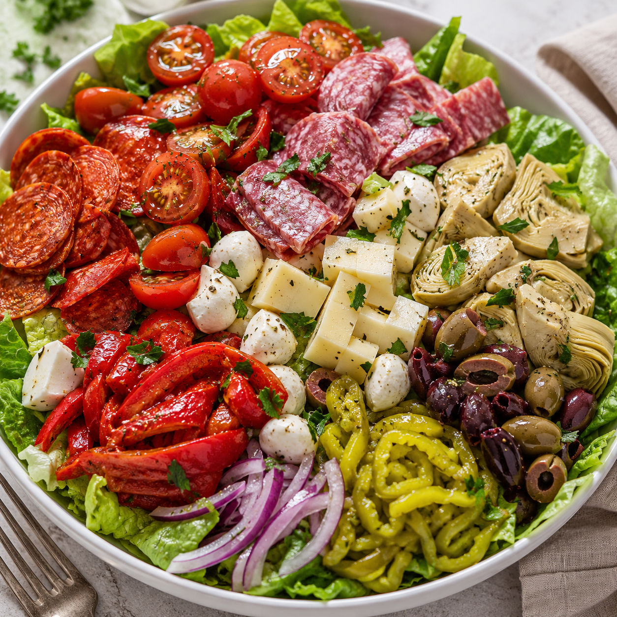 Antipasto salad with salami, mozzarella, olives, tomatoes, and romaine