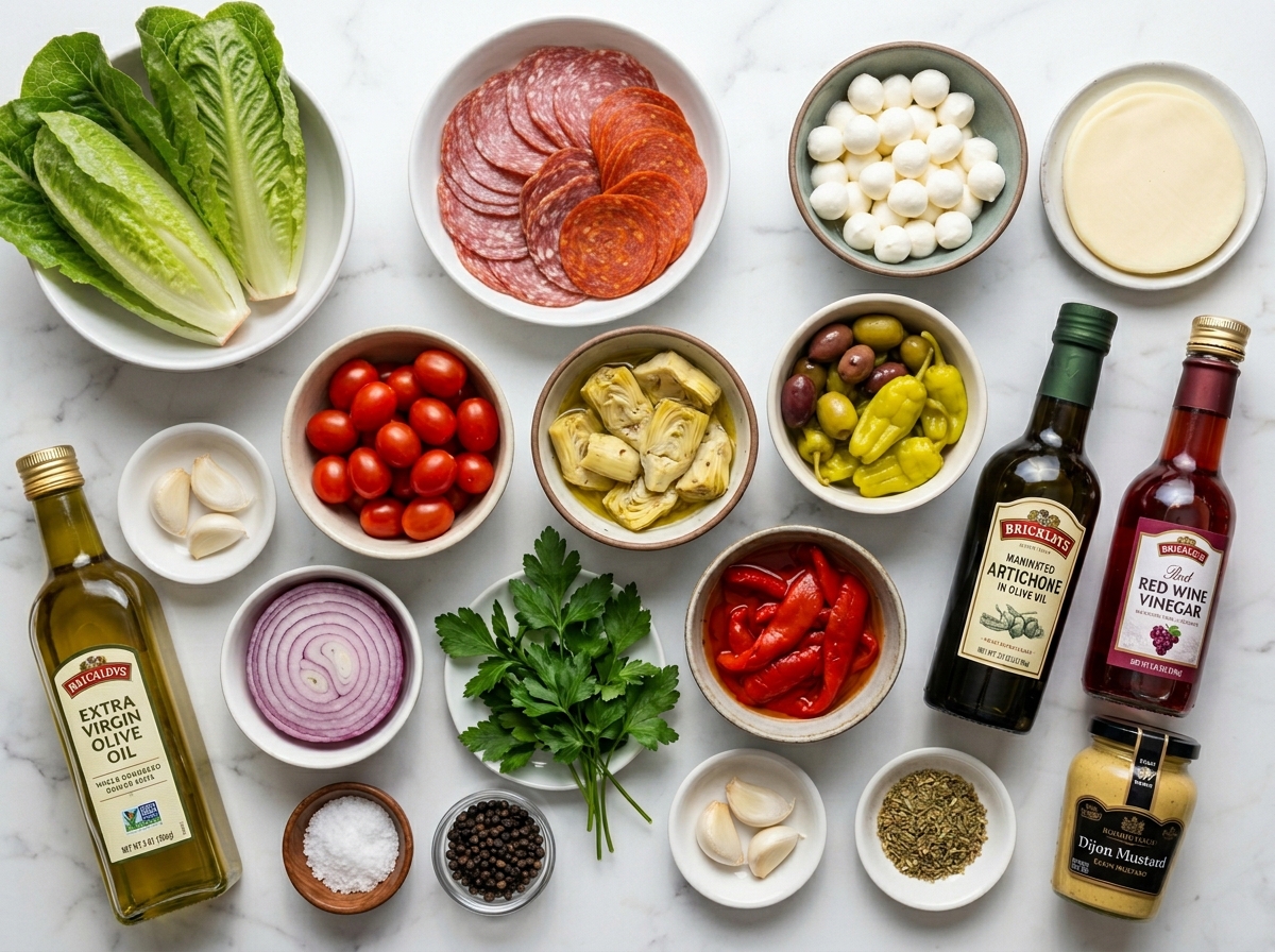 Ingredients for antipasto salad with salami, cheeses, vegetables, and dressing